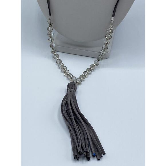 You and I Suede Tassel necklace Gray Crystal Long Necklace 32" + 4.5" - Picture 9 of 9